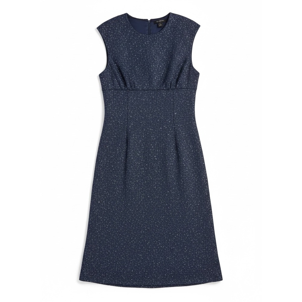St John Sheath Dress Womens 12 Navy Blue Sequin Knit Sleeveless Gala - Picture 2 of 6